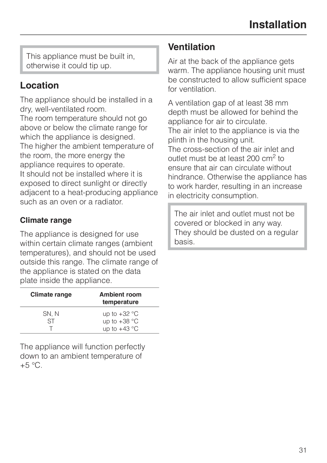 Miele F 9212 I installation instructions Installation, Location, Ventilation, Climate range 