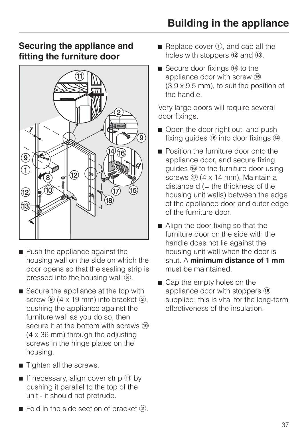 Miele F 9212 I installation instructions Securing the appliance and fitting the furniture door 