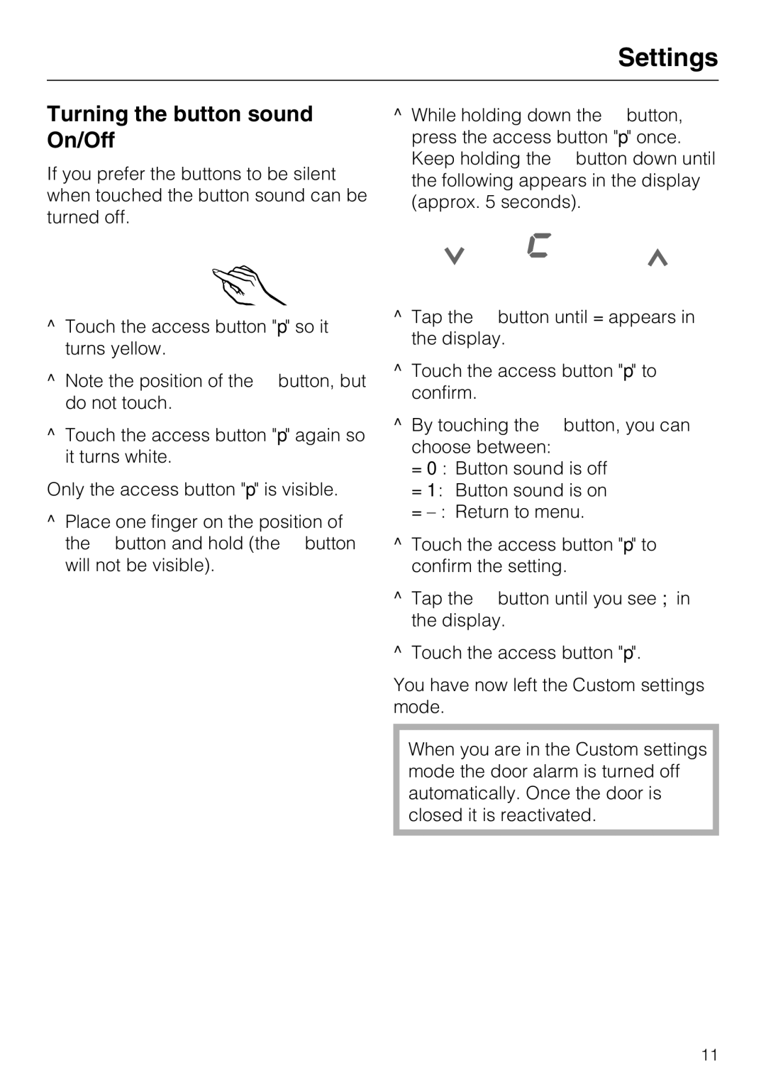 Miele F1411SF installation instructions Turning the button sound On/Off 