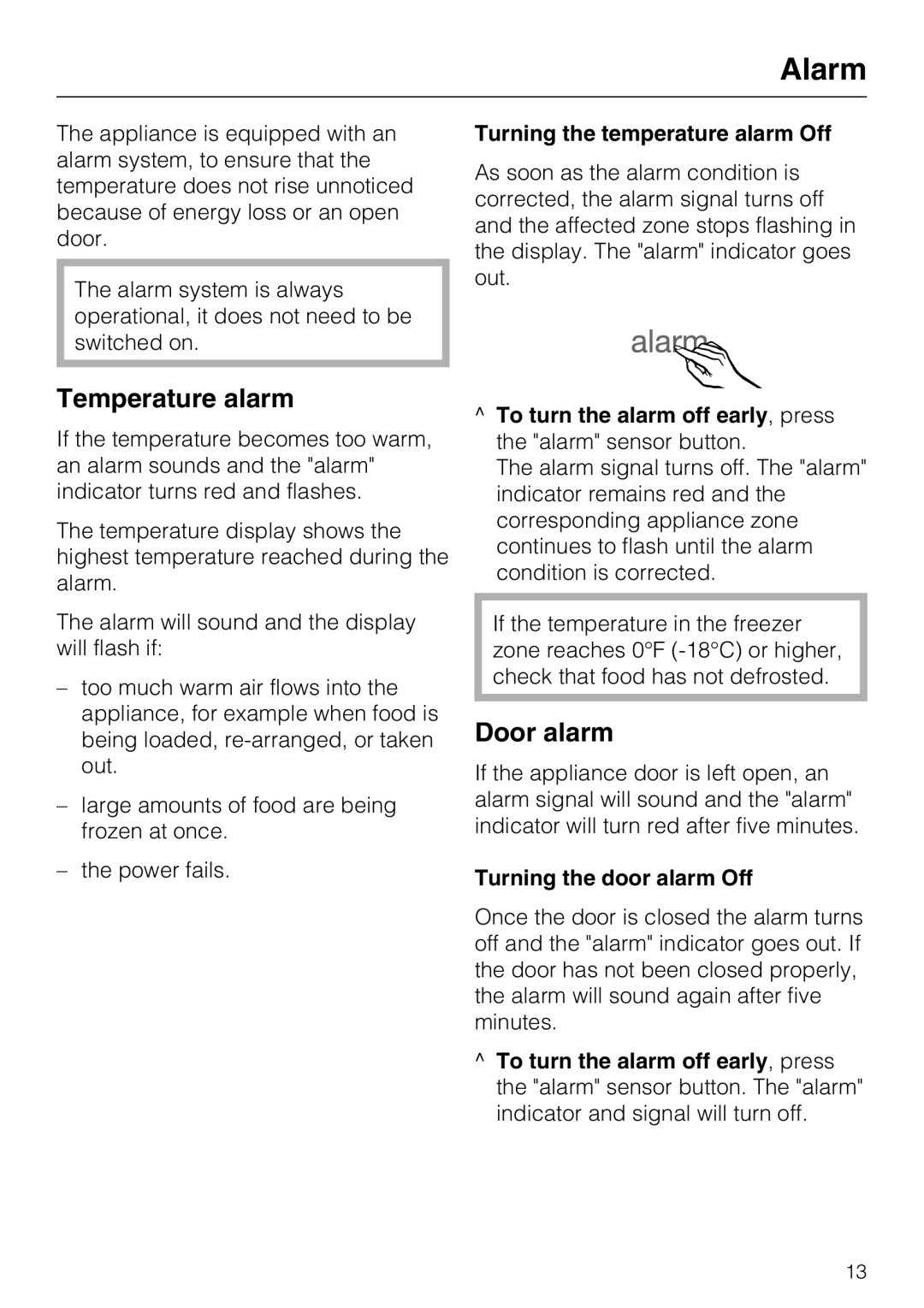 Miele F1411SF installation instructions Alarm, Temperature alarm, Door alarm 