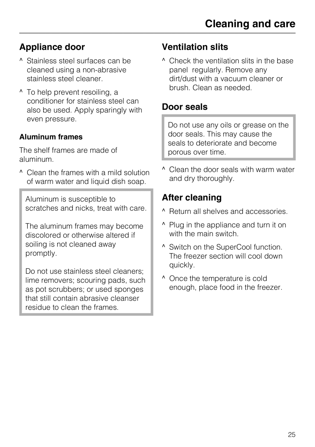 Miele F1411SF installation instructions Appliance door, Ventilation slits, Door seals, After cleaning, Aluminum frames 