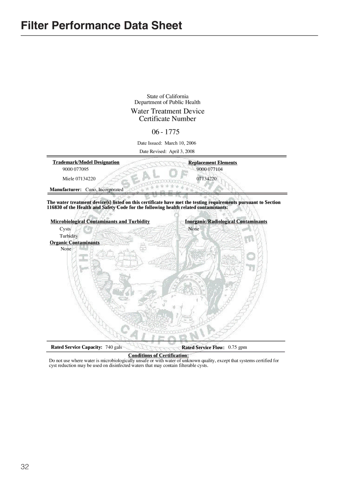 Miele F1411SF installation instructions Filter Performance Data Sheet, Water Treatment Device Certificate Number 