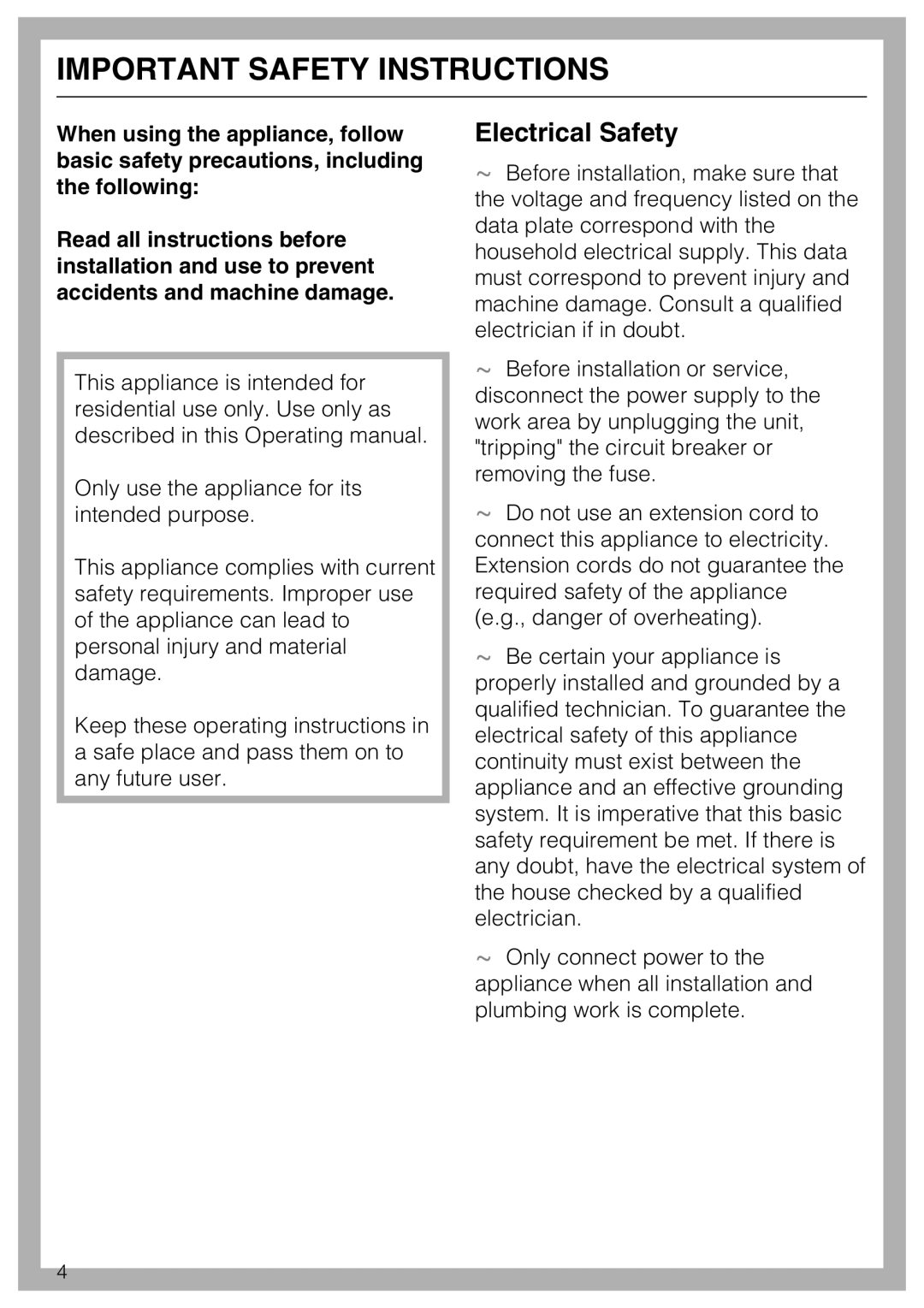 Miele F1411SF installation instructions Important Safety Instructions, Electrical Safety 