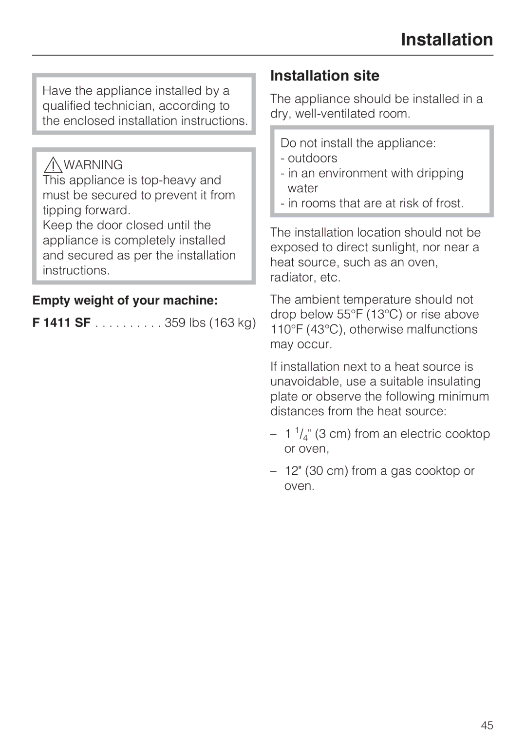 Miele F1411SF installation instructions Installation site, Empty weight of your machine 