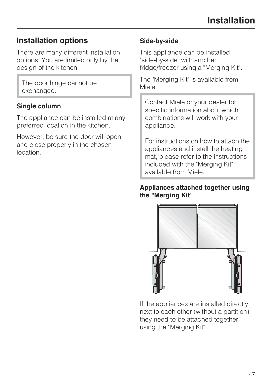 Miele F1411SF Installation options, Single column, Side-by-side, Appliances attached together using the Merging Kit 