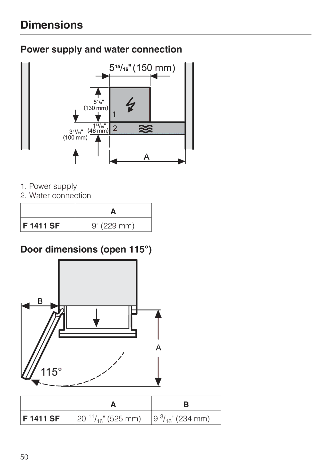 Miele F1411SF installation instructions Power supply and water connection, Door dimensions open, 1411 SF 229 mm 