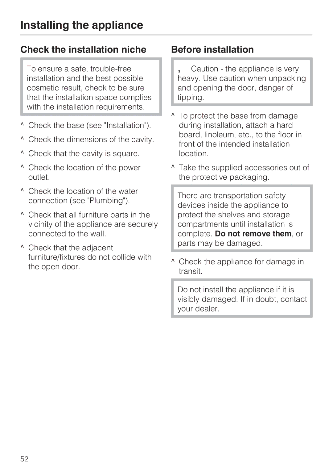 Miele F1411SF installation instructions Check the installation niche Before installation 