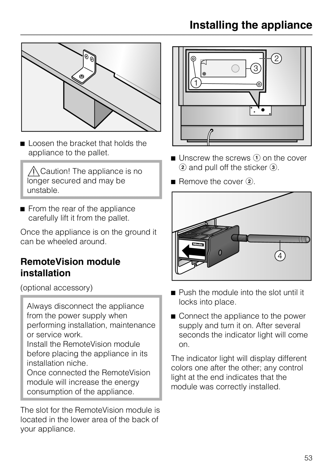 Miele F1411SF installation instructions RemoteVision module installation 