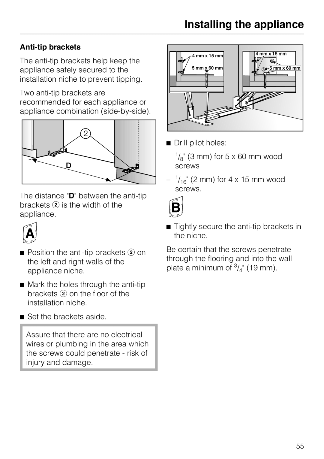 Miele F1411SF installation instructions Anti-tip brackets 