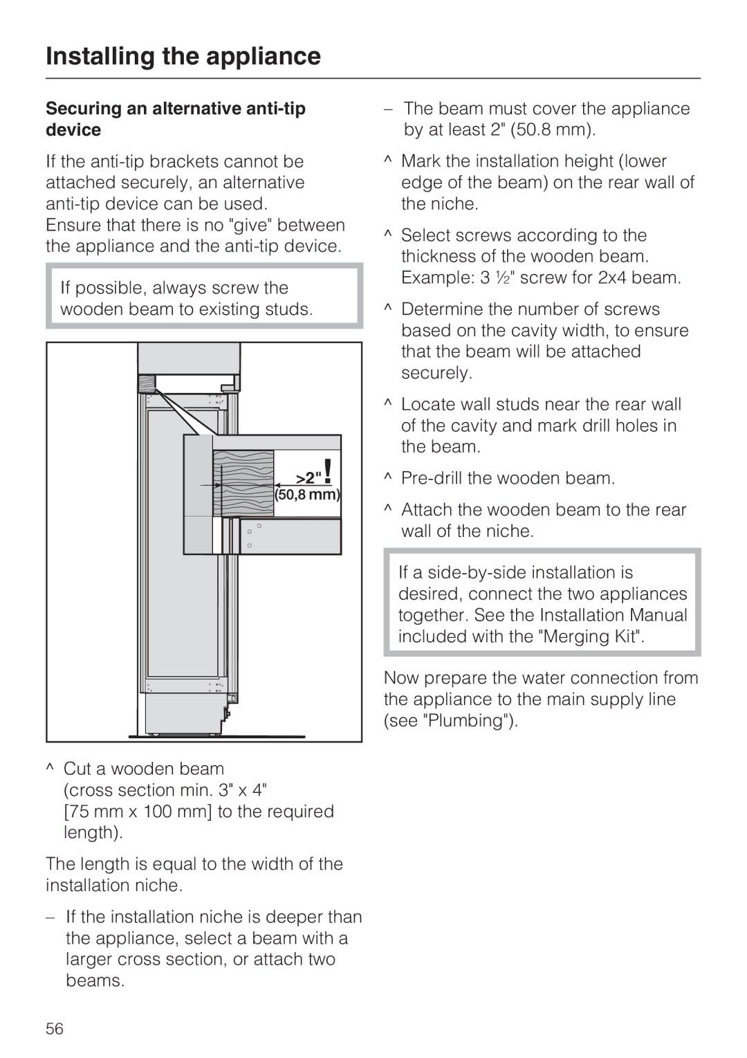 Miele F1411SF installation instructions Securing an alternative anti-tip device 