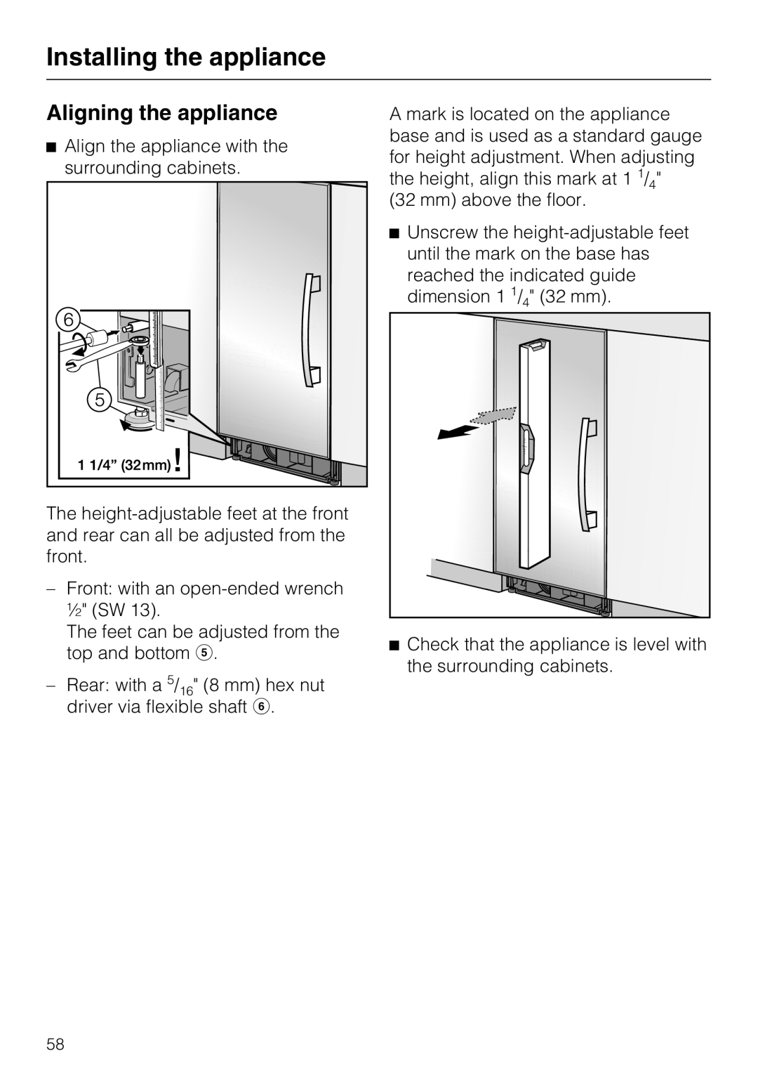 Miele F1411SF installation instructions Aligning the appliance 