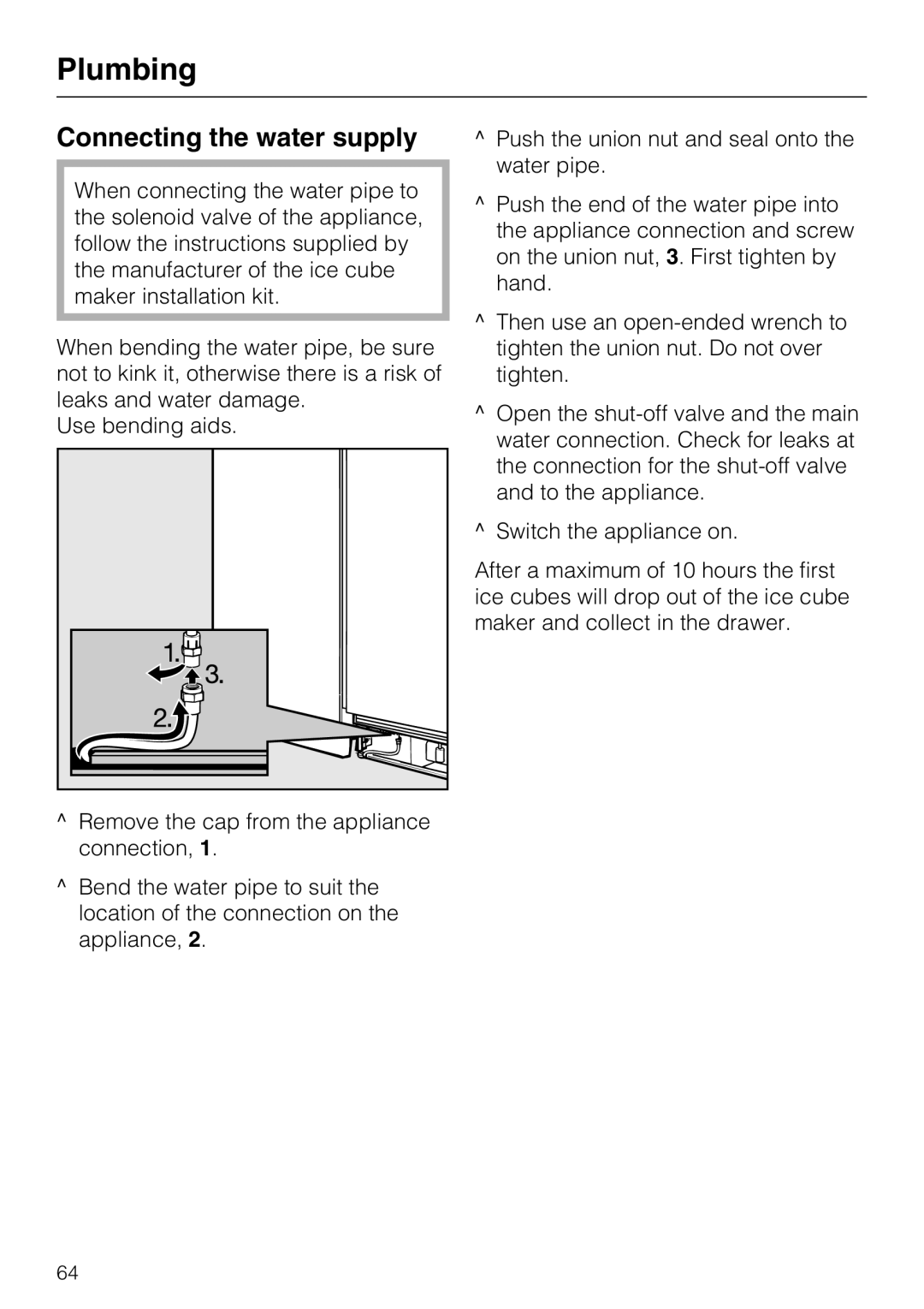 Miele F1411SF installation instructions Connecting the water supply 