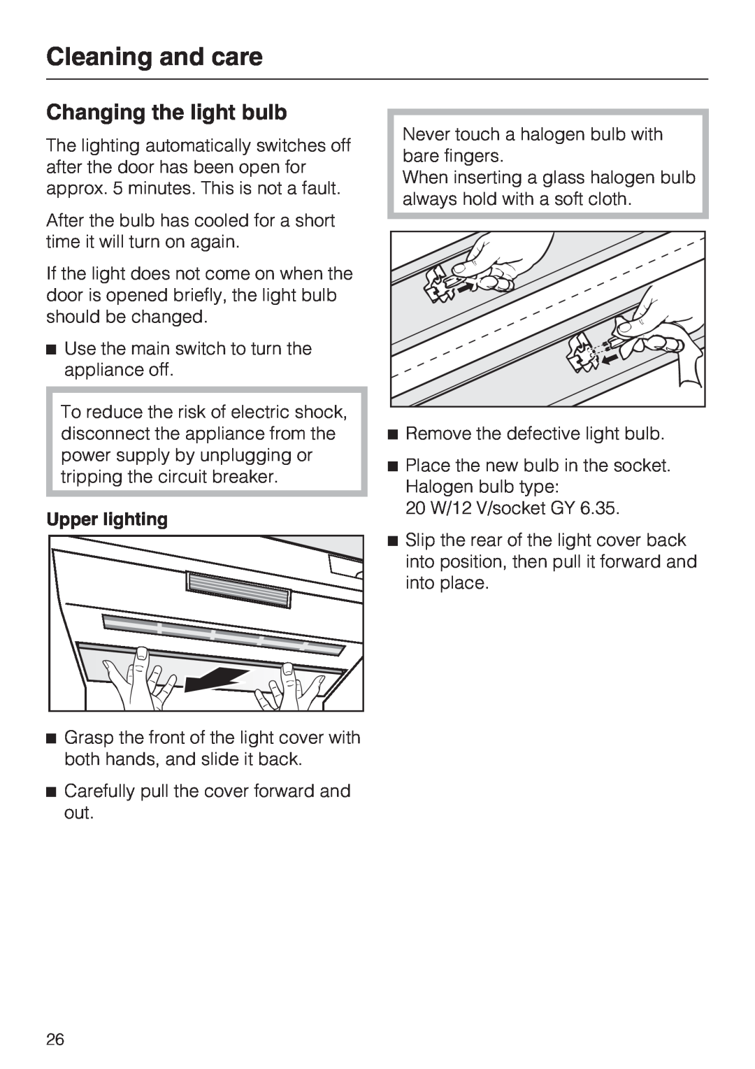 Miele F1411SF installation instructions Changing the light bulb, Cleaning and care, Upper lighting 