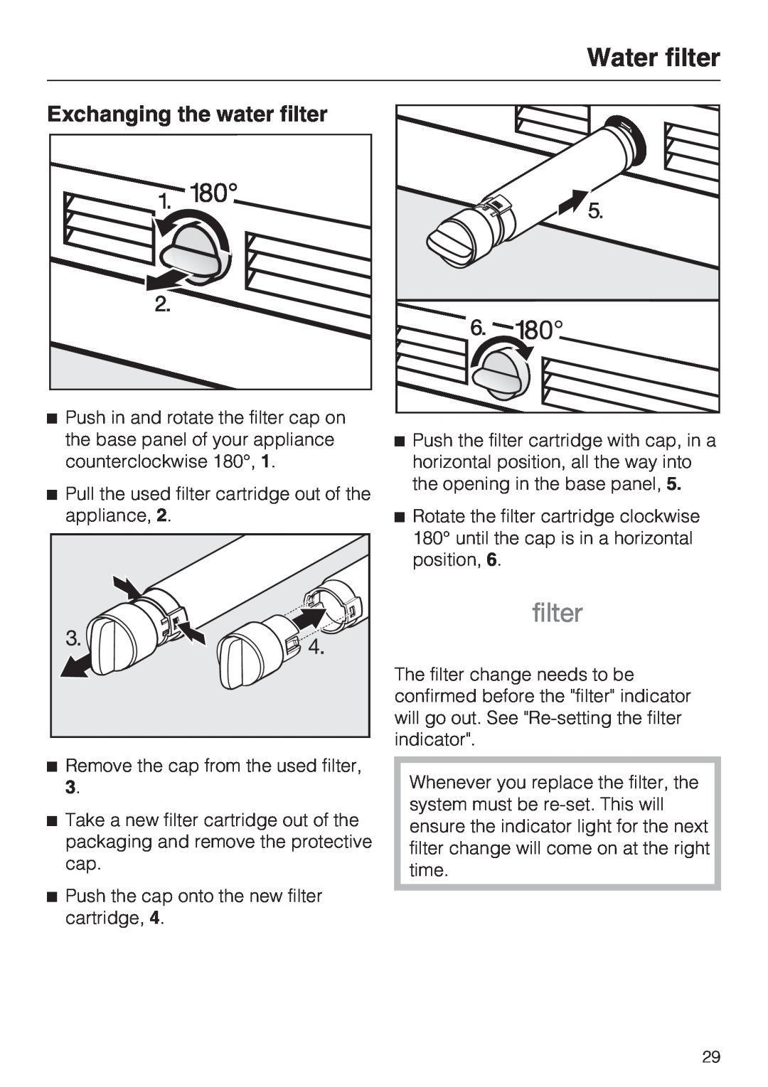 Miele F1411SF installation instructions Exchanging the water filter, Water filter 