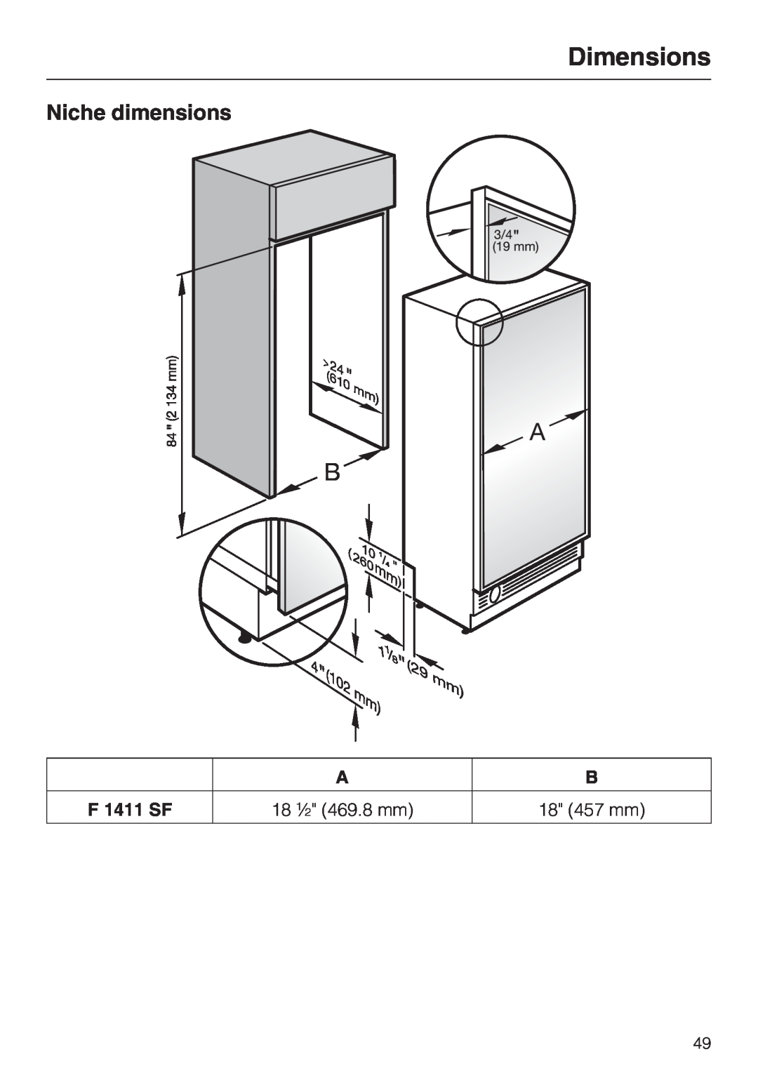 Miele F1411SF installation instructions Dimensions, Niche dimensions 