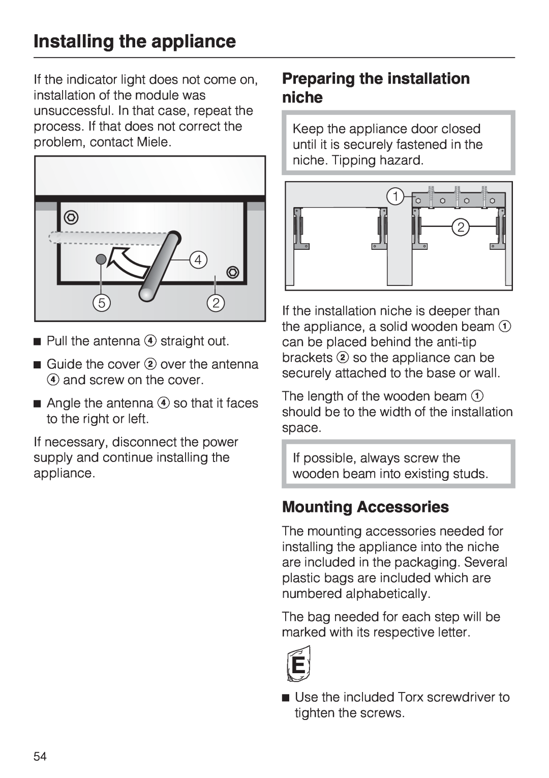Miele F1411SF installation instructions Preparing the installation niche, Mounting Accessories, Installing the appliance 
