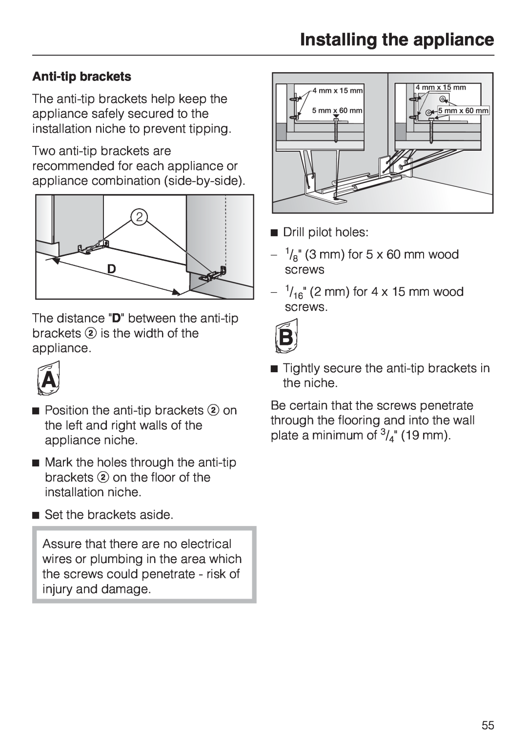 Miele F1411SF installation instructions Installing the appliance, Anti-tip brackets 