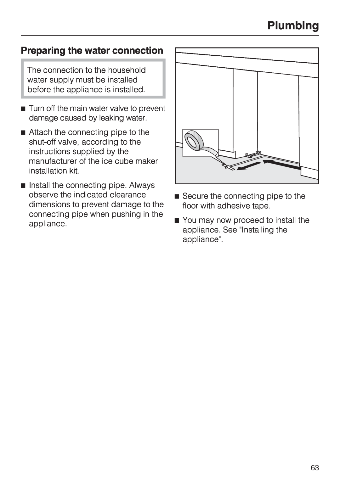 Miele F1411SF installation instructions Plumbing, Preparing the water connection 