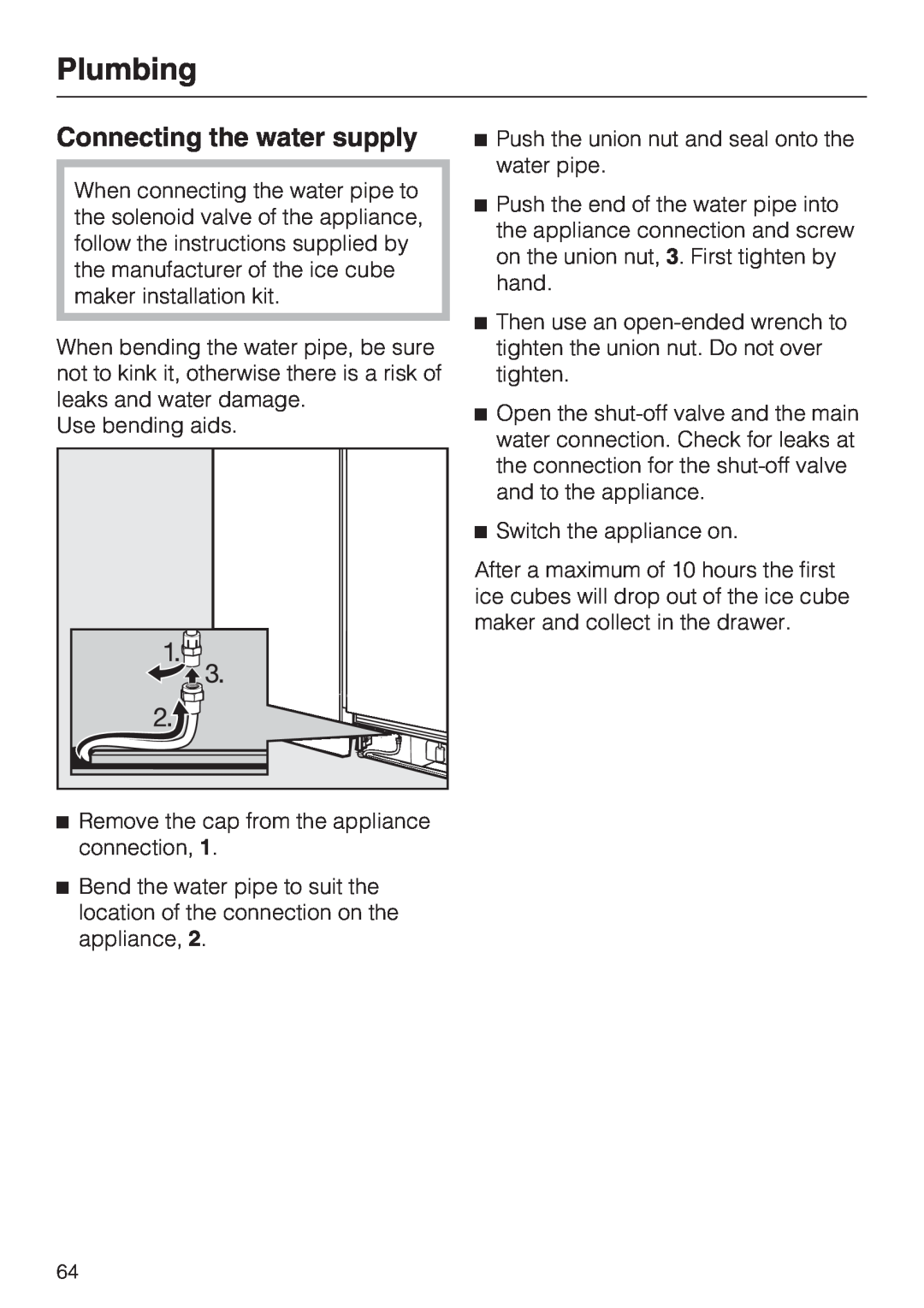 Miele F1411SF installation instructions Connecting the water supply, Plumbing 