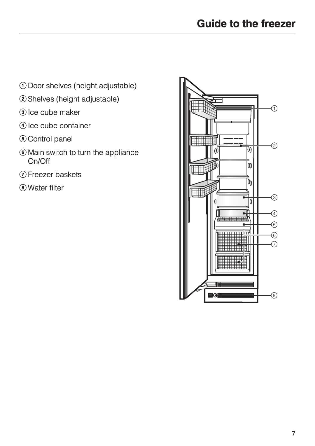Miele F1411SF Guide to the freezer, a Door shelves height adjustable, b Shelves height adjustable c Ice cube maker 
