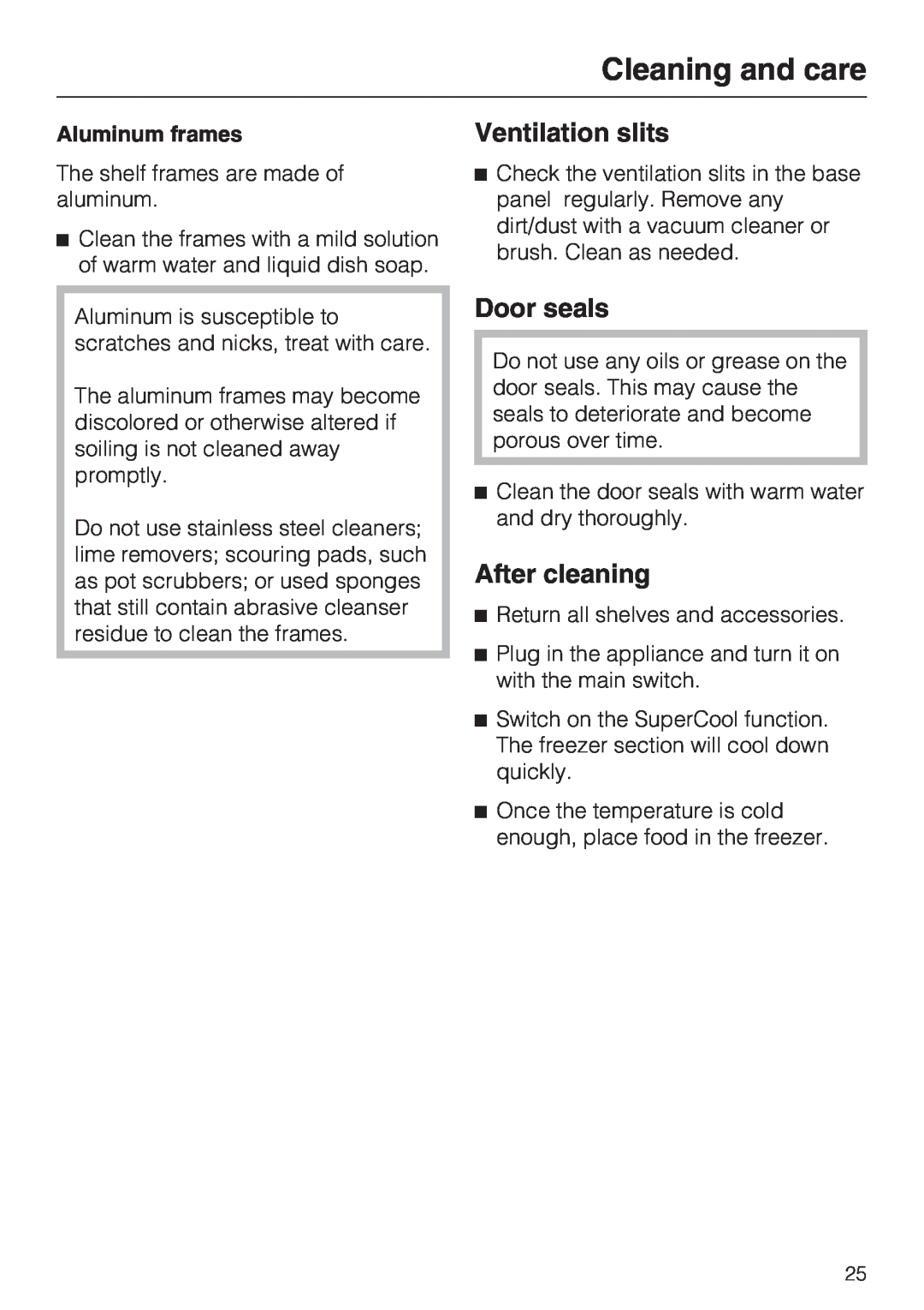 Miele F1411VI installation instructions Ventilation slits, Door seals, After cleaning, Cleaning and care, Aluminum frames 