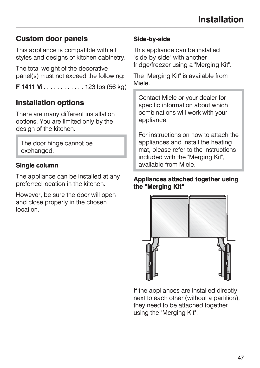 Miele F1411VI installation instructions Custom door panels, Installation options, Single column, Side-by-side 