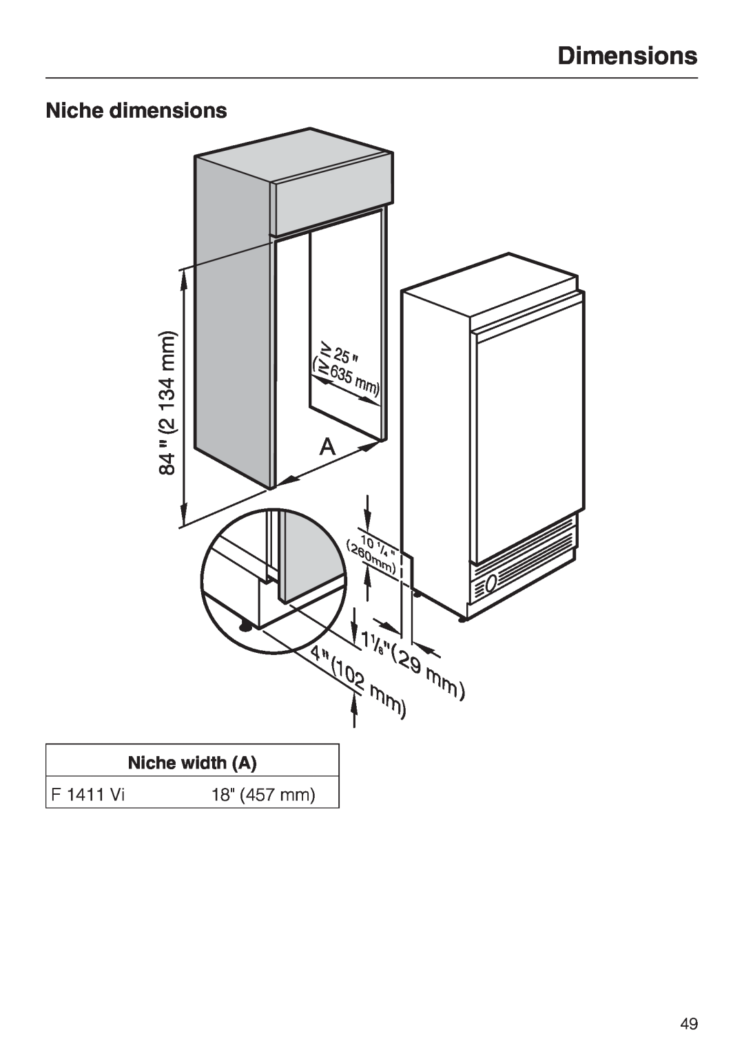Miele F1411VI installation instructions Dimensions, Niche dimensions 