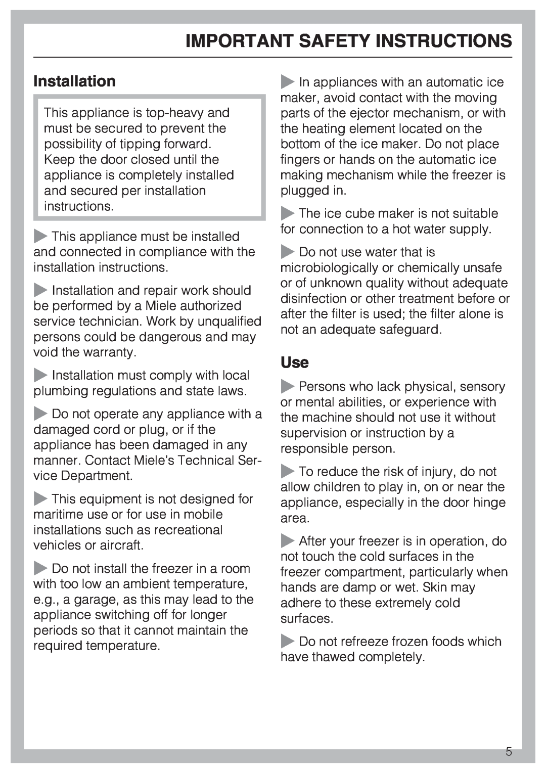 Miele F1411VI installation instructions Installation, Important Safety Instructions 