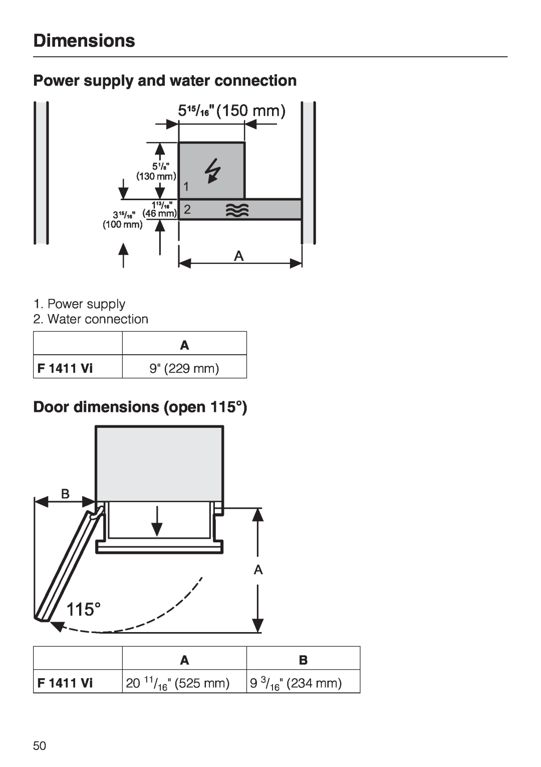 Miele F1411VI Power supply and water connection, Door dimensions open, Dimensions, Power supply 2. Water connection 