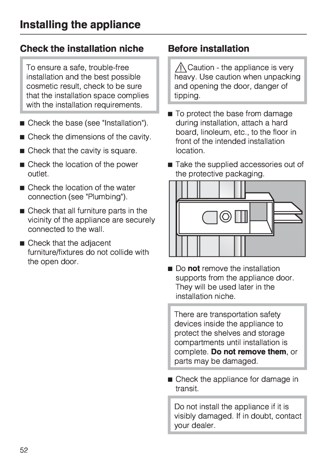 Miele F1411VI installation instructions Check the installation niche, Before installation, Installing the appliance 