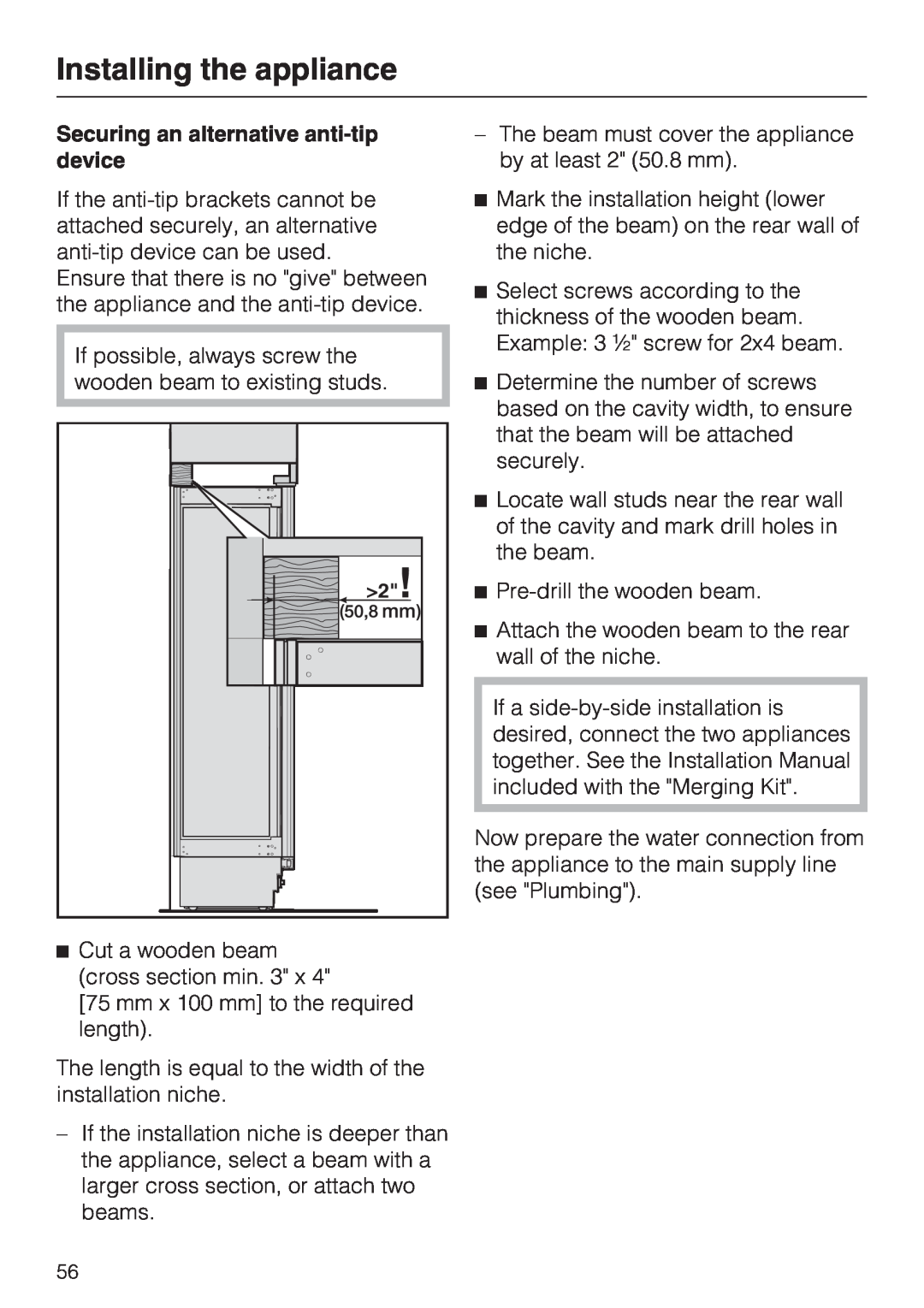 Miele F1411VI installation instructions Installing the appliance, Securing an alternative anti-tip device 