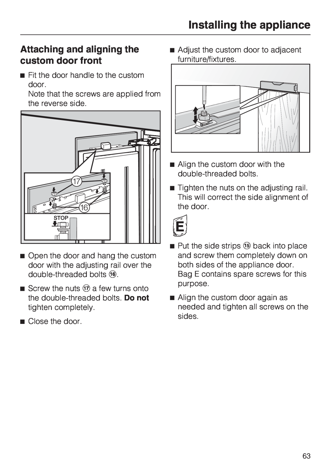 Miele F1411VI installation instructions Attaching and aligning the custom door front, Installing the appliance 