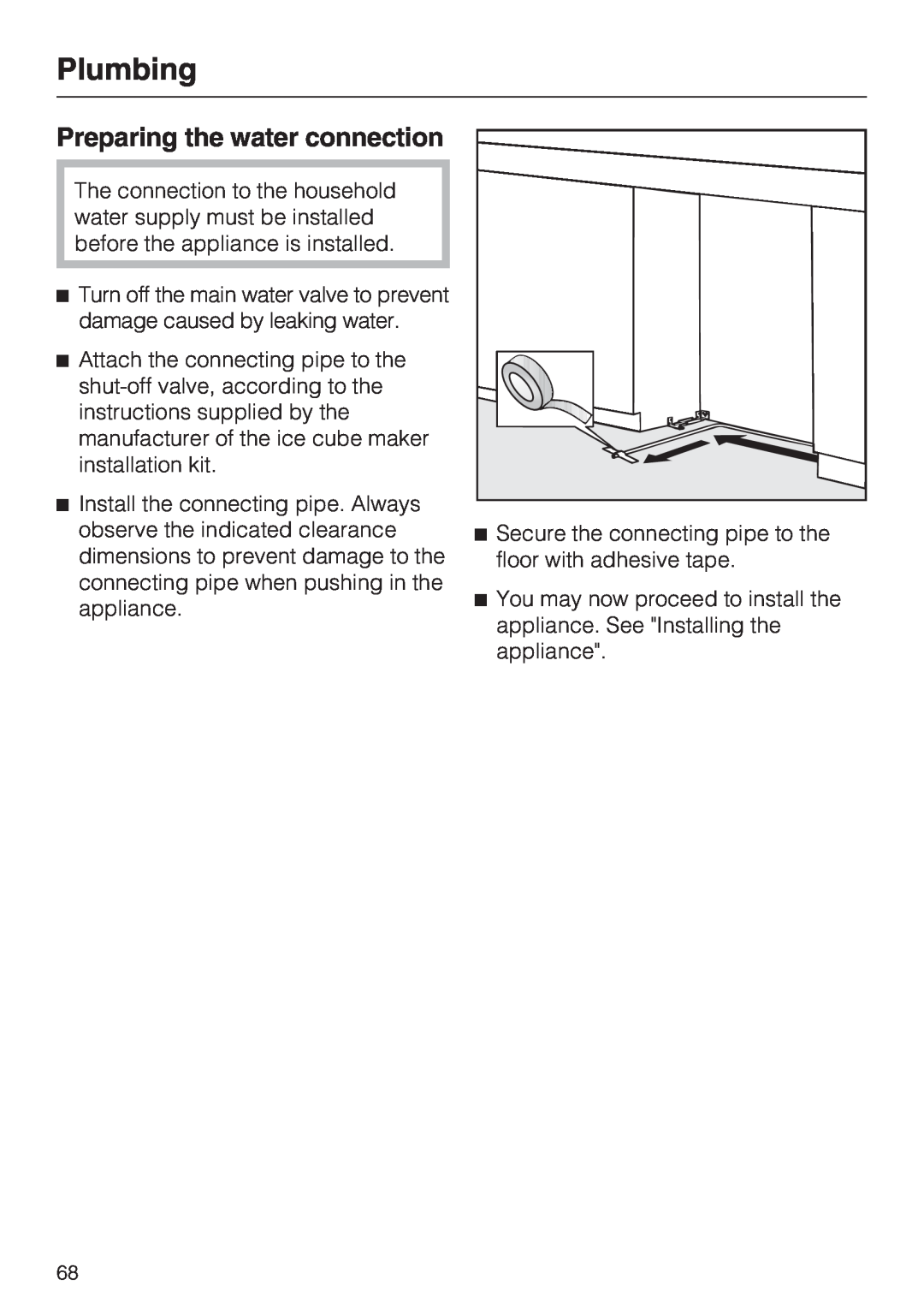 Miele F1411VI installation instructions Preparing the water connection, Plumbing 