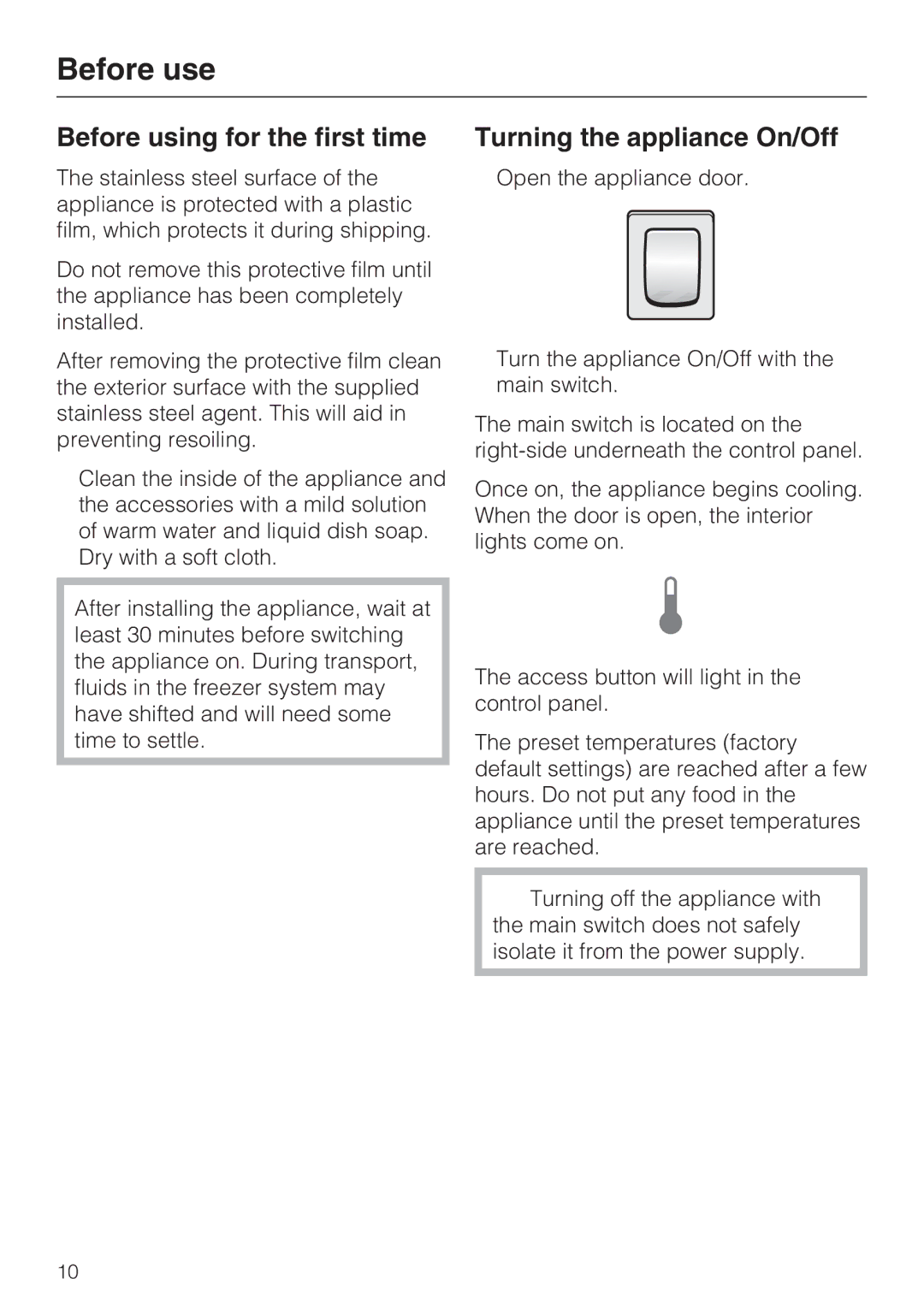 Miele F1471SF installation instructions Before use, Before using for the first time, Turning the appliance On/Off 