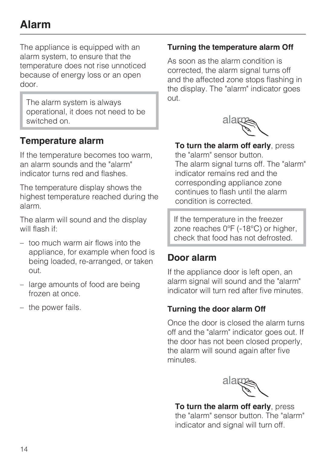 Miele F1471SF installation instructions Alarm, Temperature alarm, Door alarm 