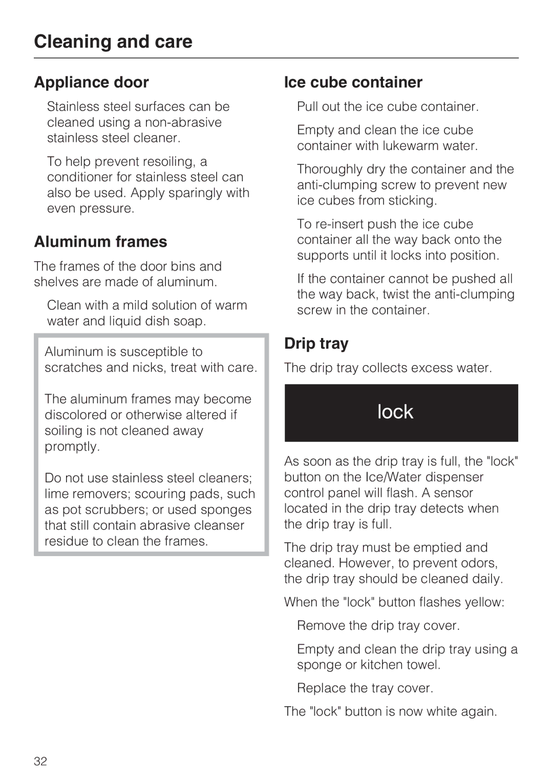 Miele F1471SF installation instructions Appliance door, Aluminum frames, Ice cube container, Drip tray 