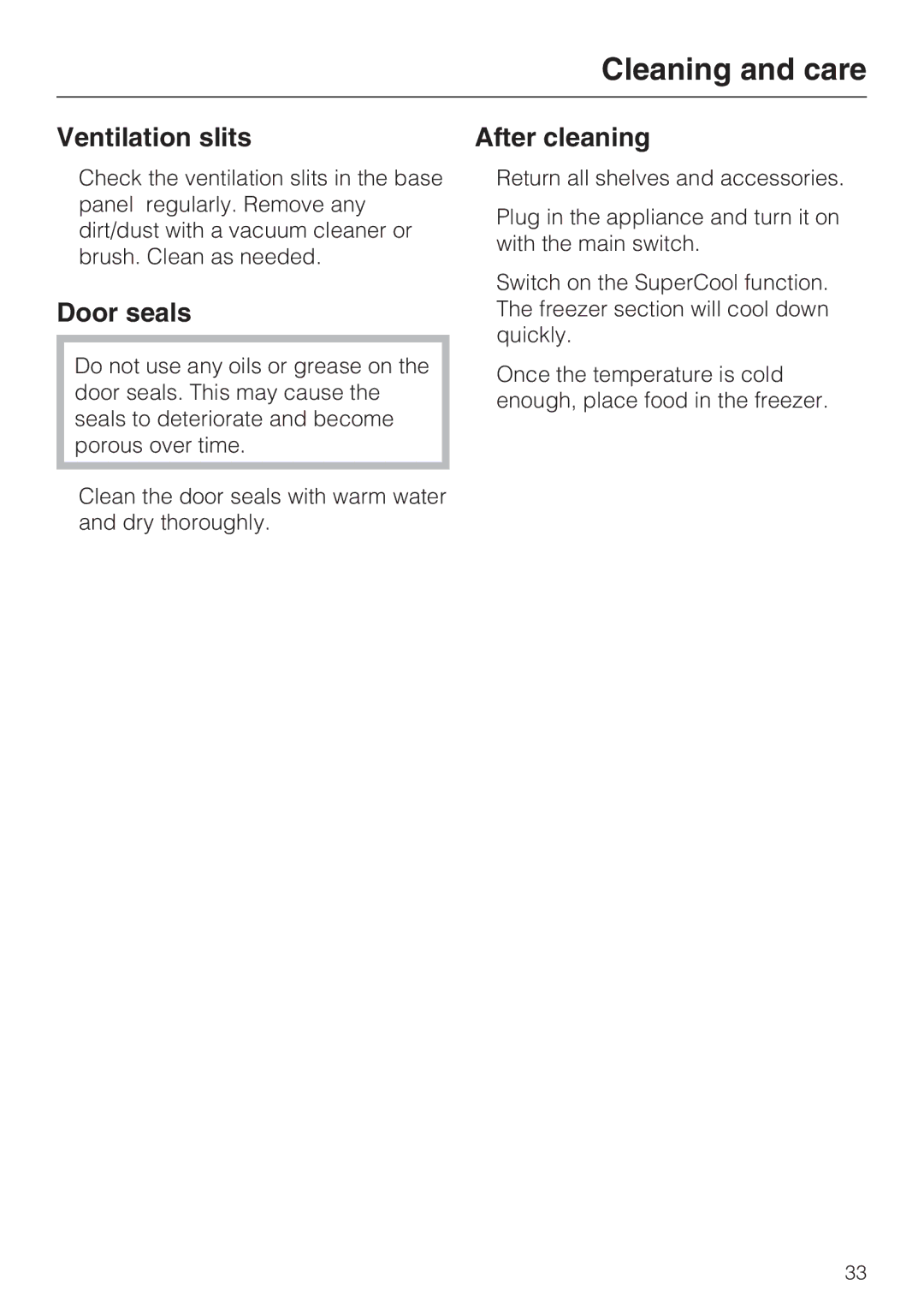 Miele F1471SF installation instructions Ventilation slits, Door seals, After cleaning 