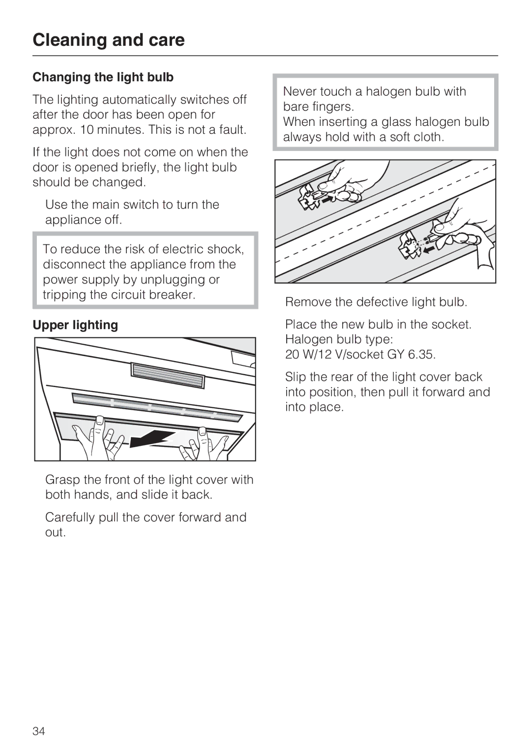 Miele F1471SF installation instructions Changing the light bulb, Upper lighting 