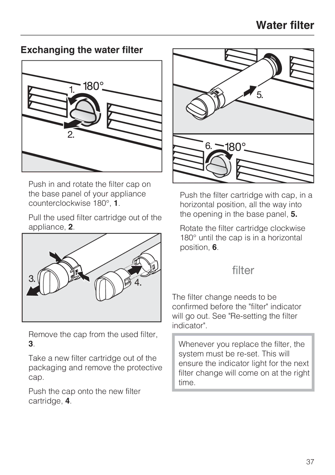 Miele F1471SF installation instructions Exchanging the water filter 