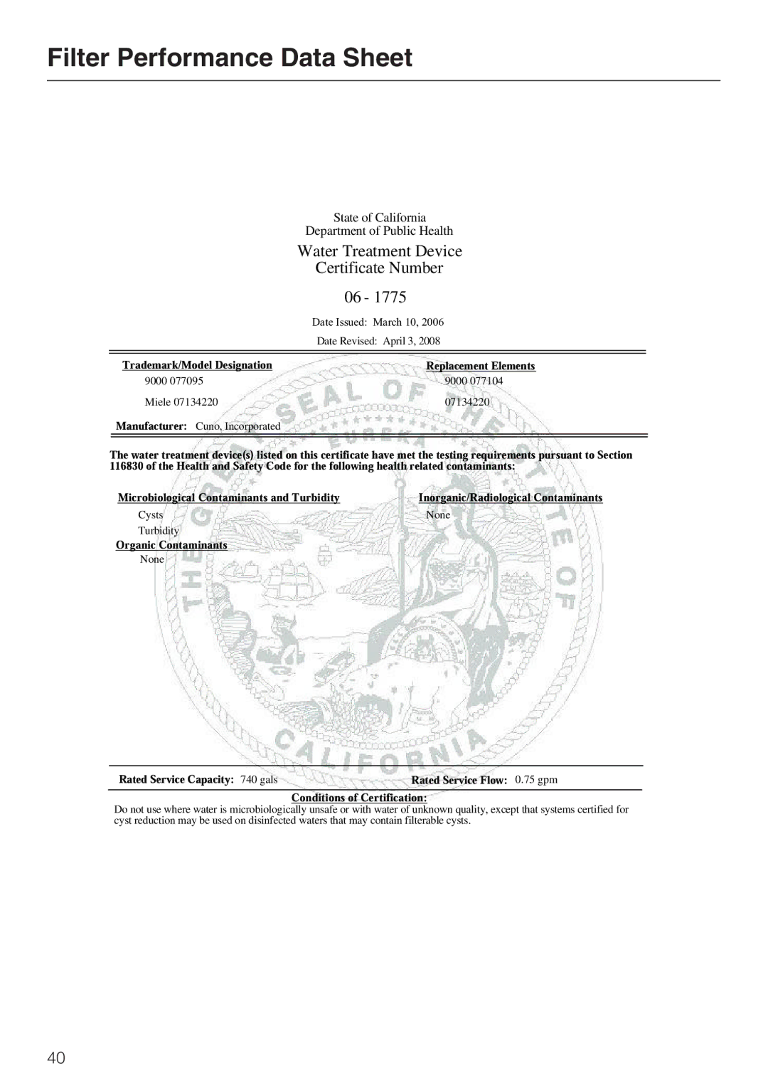 Miele F1471SF installation instructions Filter Performance Data Sheet, Water Treatment Device Certificate Number 