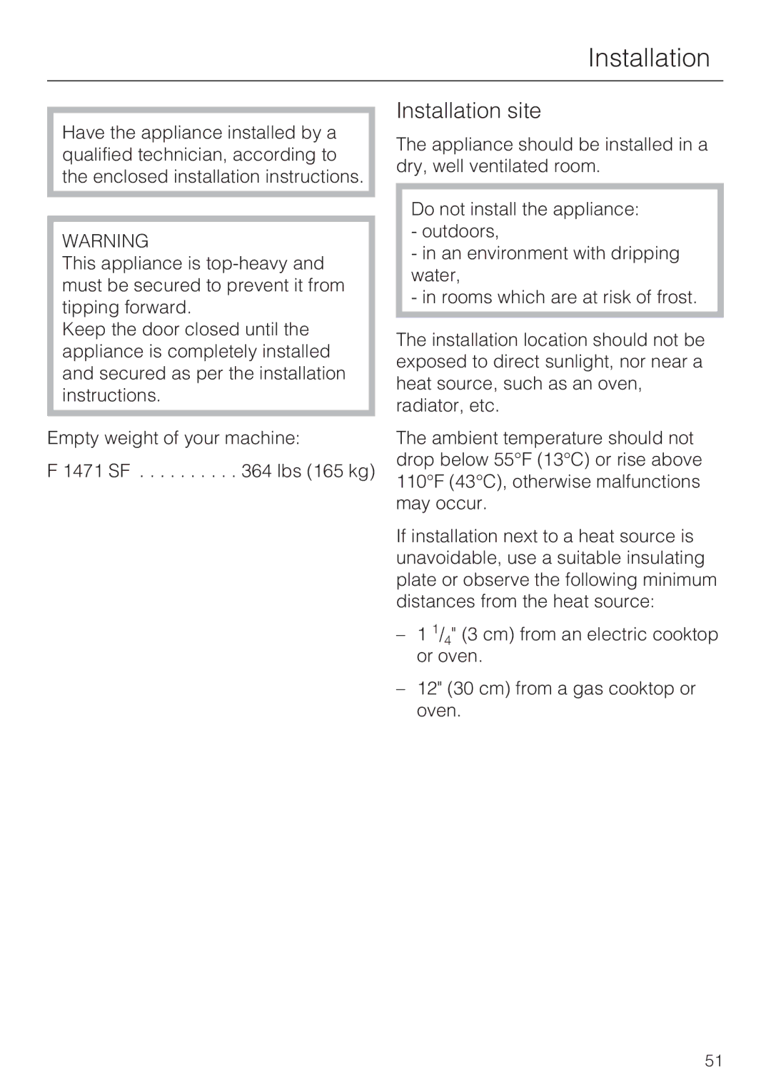 Miele F1471SF installation instructions Installation site 