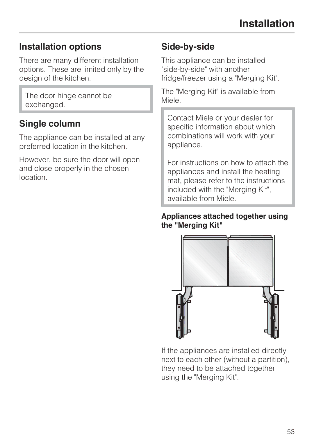 Miele F1471SF Installation options, Single column, Side-by-side, Appliances attached together using the Merging Kit 