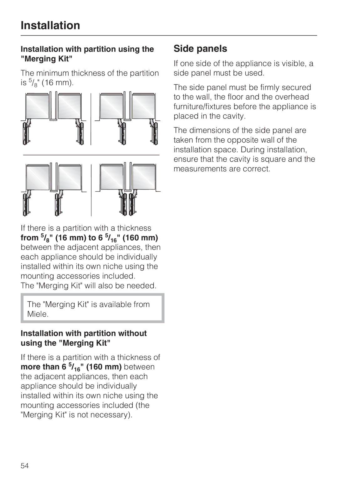 Miele F1471SF Side panels, Installation with partition using the Merging Kit, From 5/8 16 mm to 6 5/16 160 mm 