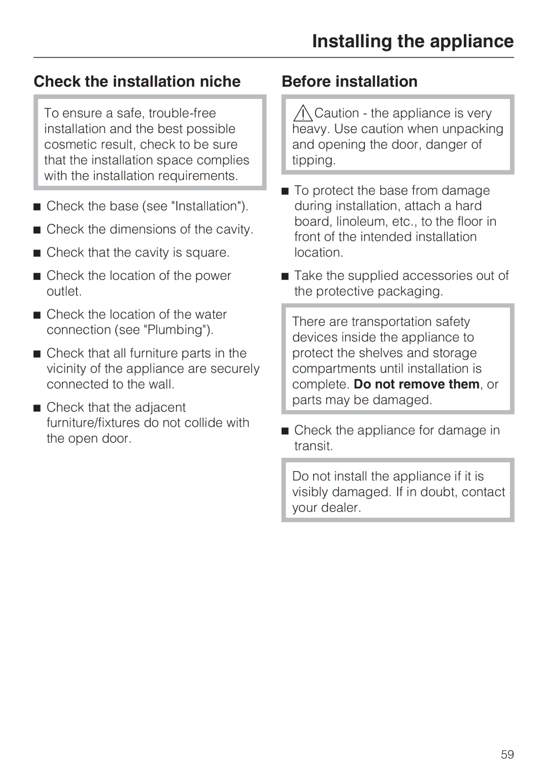 Miele F1471SF installation instructions Check the installation niche Before installation 