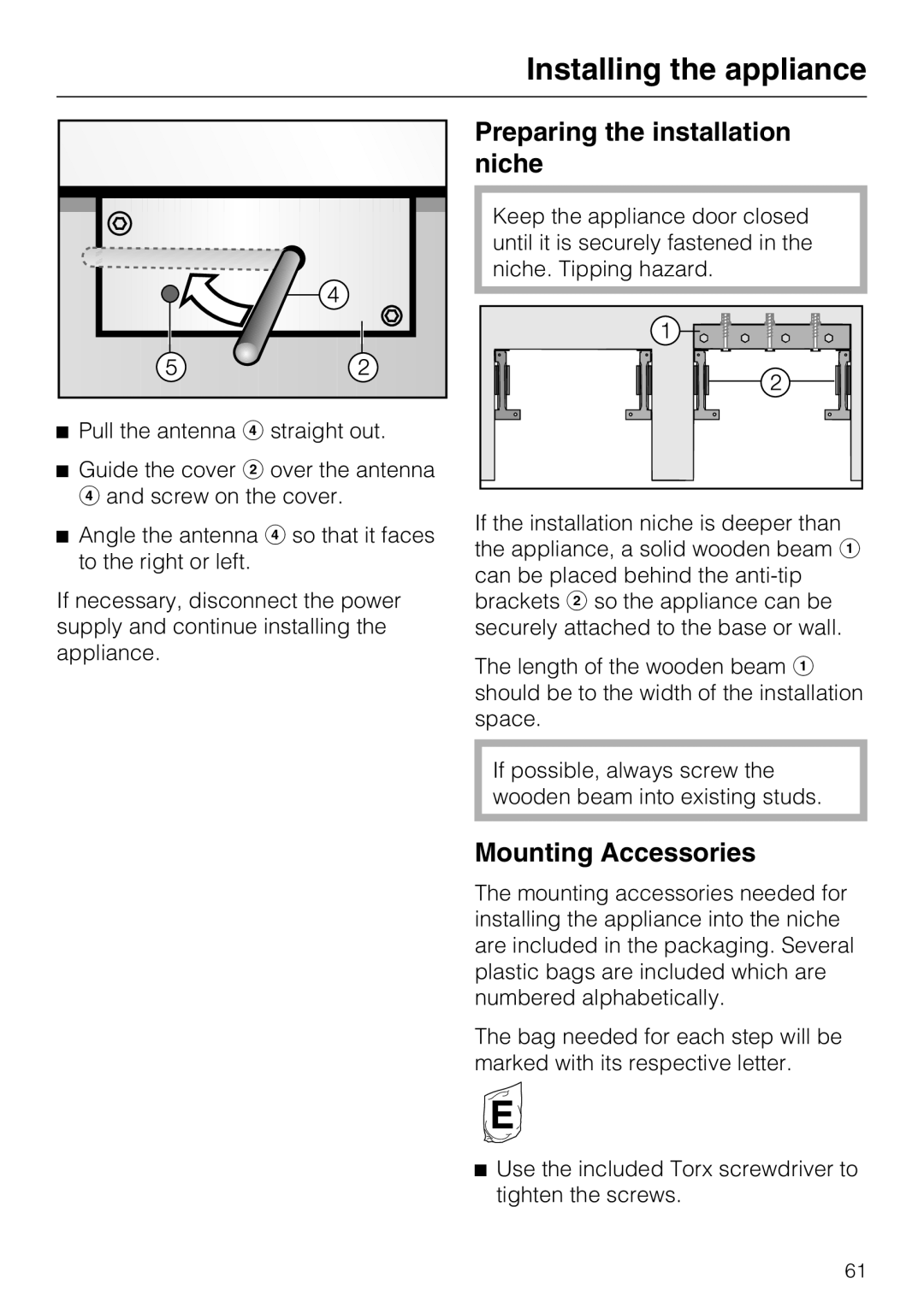 Miele F1471SF installation instructions Preparing the installation niche, Mounting Accessories 