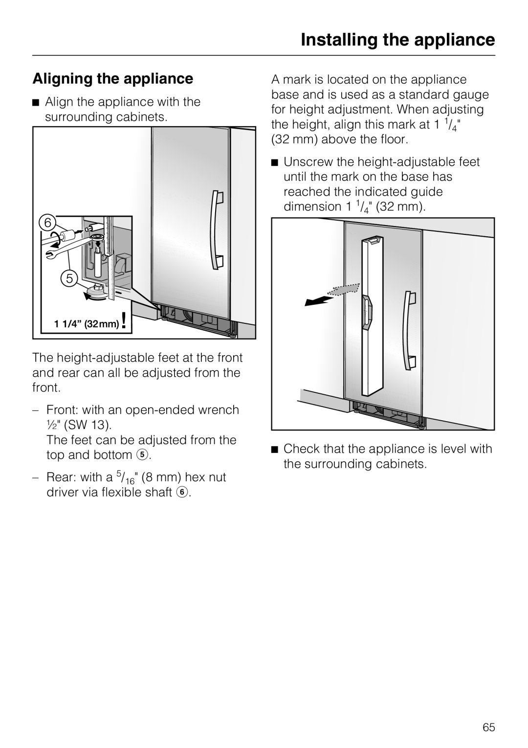 Miele F1471SF installation instructions Aligning the appliance 