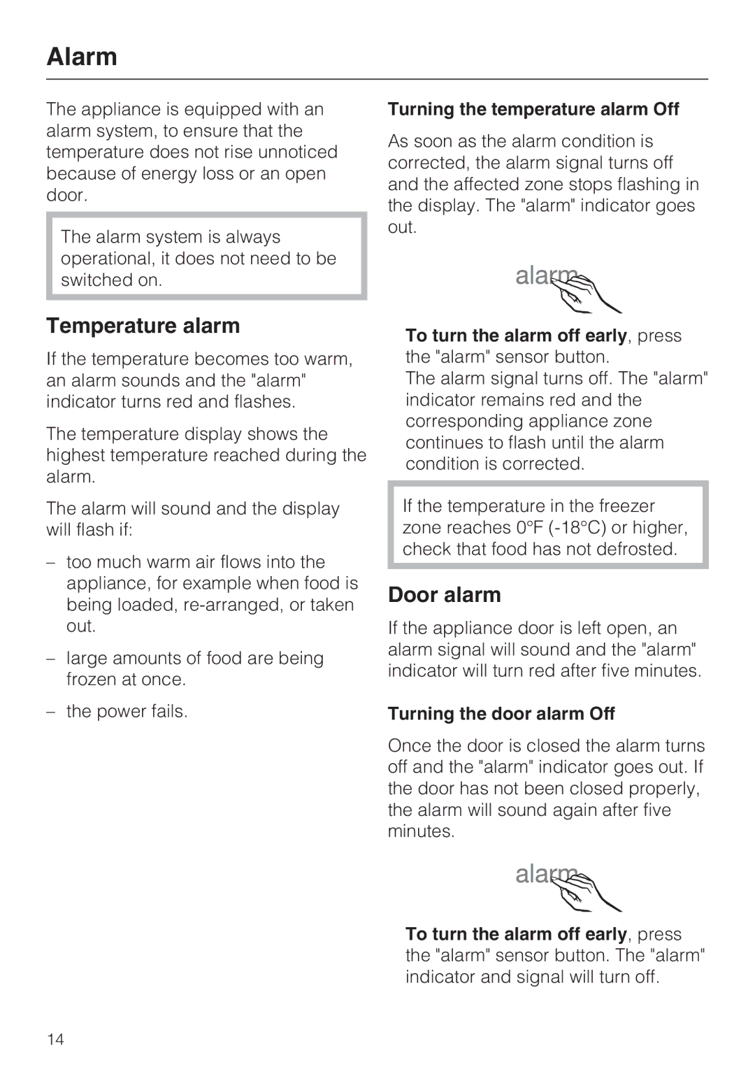 Miele F1471VI installation instructions Alarm, Temperature alarm, Door alarm 