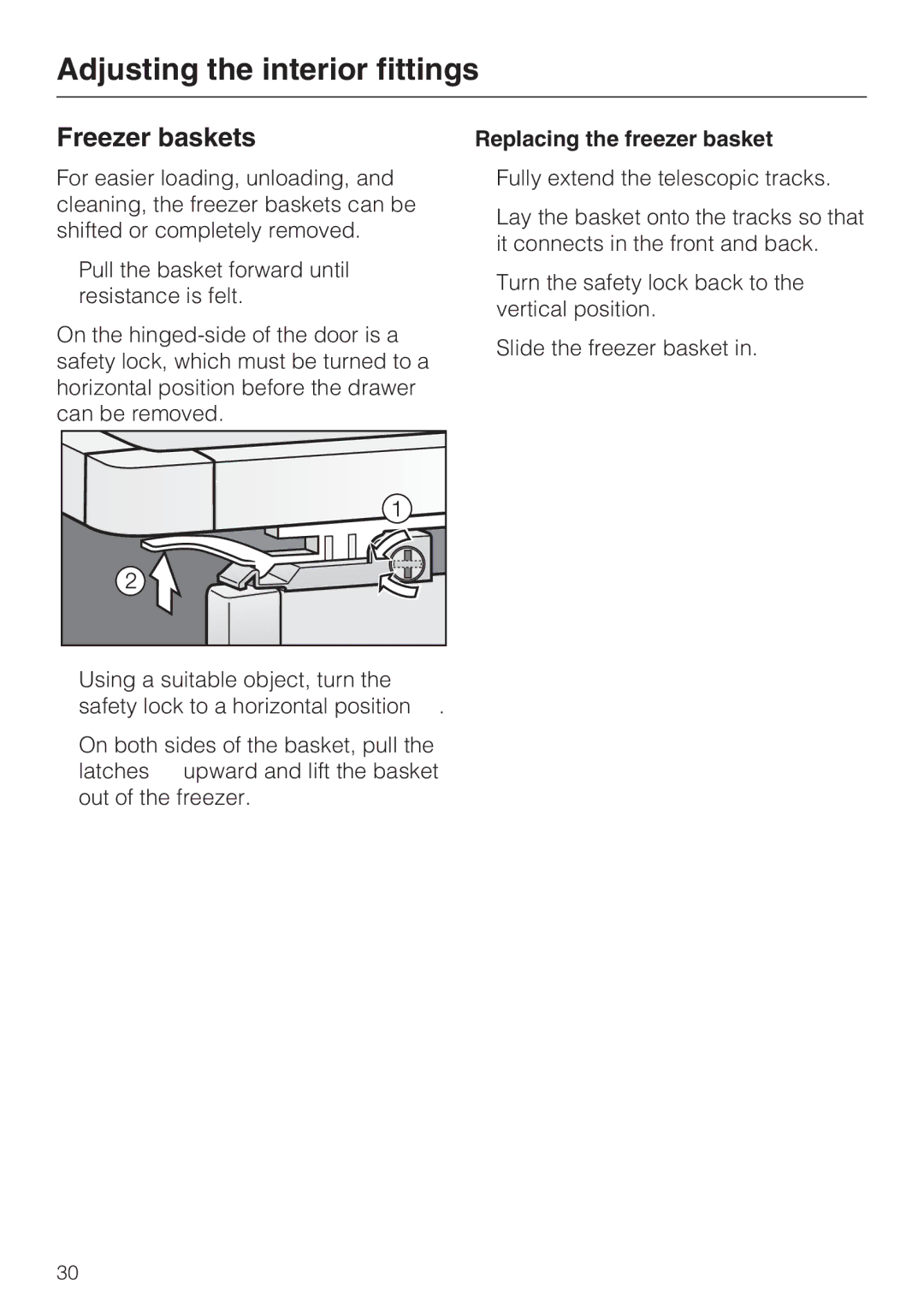 Miele F1471VI installation instructions Freezer baskets, Replacing the freezer basket 