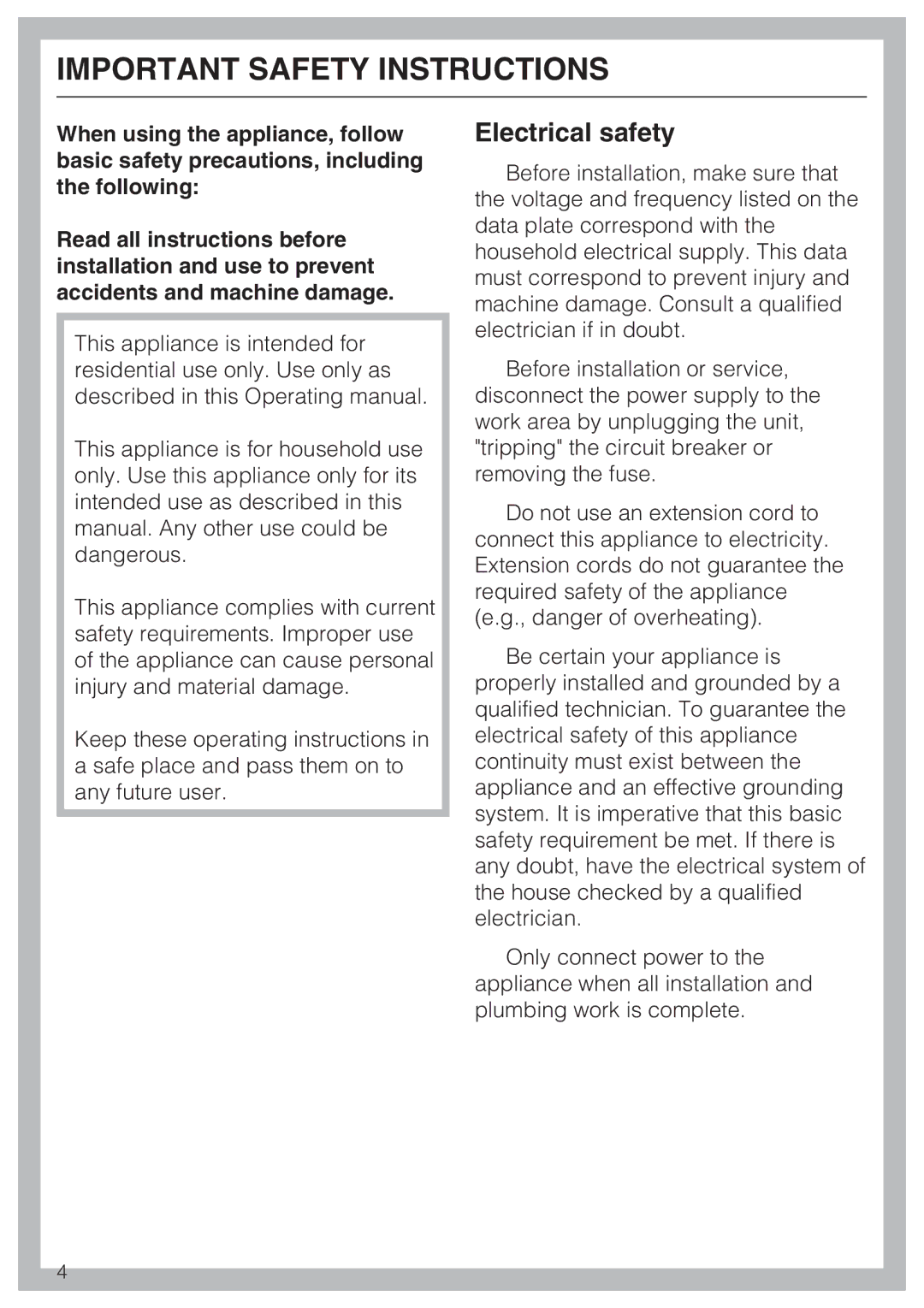 Miele F1471VI installation instructions Important Safety Instructions, Electrical safety 