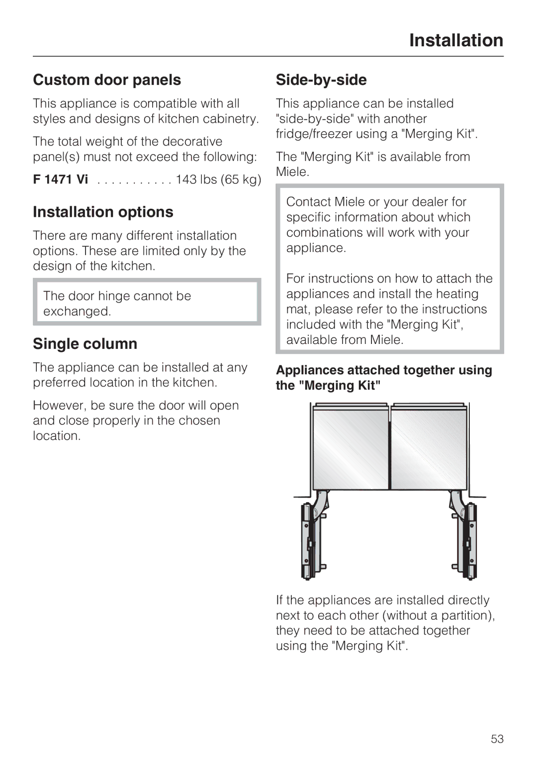 Miele F1471VI installation instructions Custom door panels, Installation options, Single column, Side-by-side 